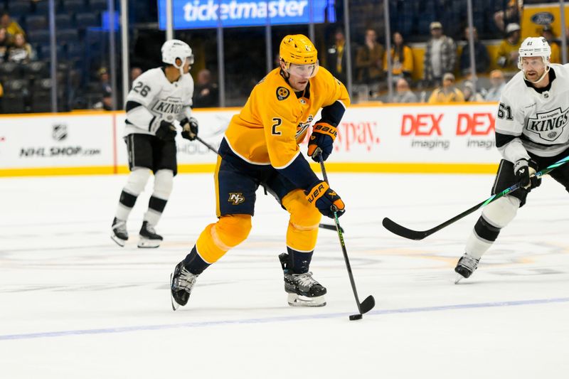 Nov 4, 2024; Nashville, Tennessee, USA;  Nashville Predators defenseman Luke Schenn (2) skates against the Los Angeles Kings during the third period at Bridgestone Arena. Mandatory Credit: Steve Roberts-Imagn Images