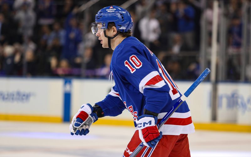 Apr 11, 2024; New York, New York, USA; New York Rangers left wing Artemi Panarin (10) celebrates his goal during the first period against the Philadelphia Flyers at Madison Square Garden. Mandatory Credit: Danny Wild-USA TODAY Sports