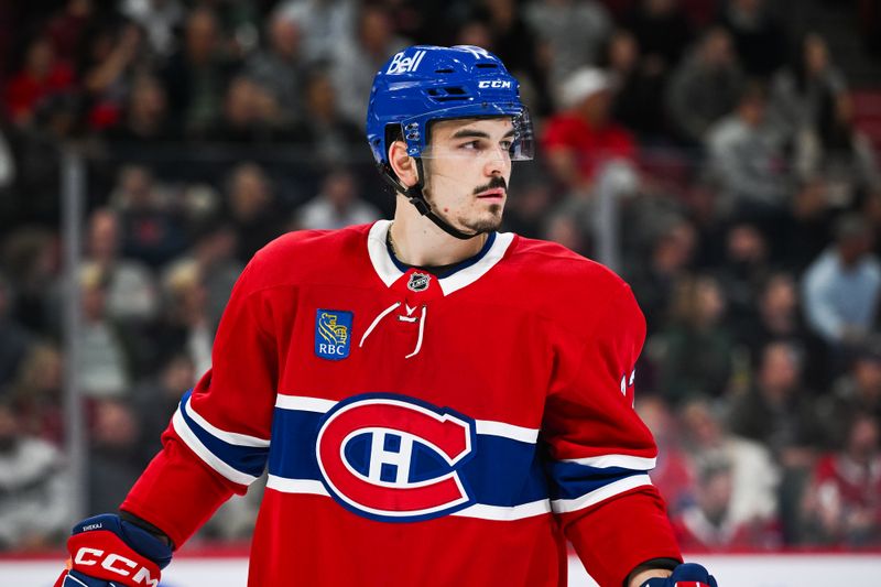 Oct 1, 2024; Montreal, Quebec, CAN; Montreal Canadiens defenseman Arber Xhekaj (72) looks on against the Ottawa Senators during the first period at Bell Centre. Mandatory Credit: David Kirouac-Imagn Images