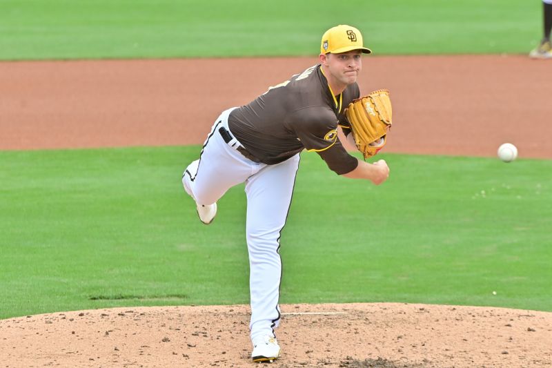 Feb 26, 2024; Peoria, Arizona, USA;  San Diego Padres relief pitcher Michael King (34) throws in the fourth inning against the Cleveland Guardians during a spring training game at Peoria Sports Complex. Mandatory Credit: Matt Kartozian-USA TODAY Sports