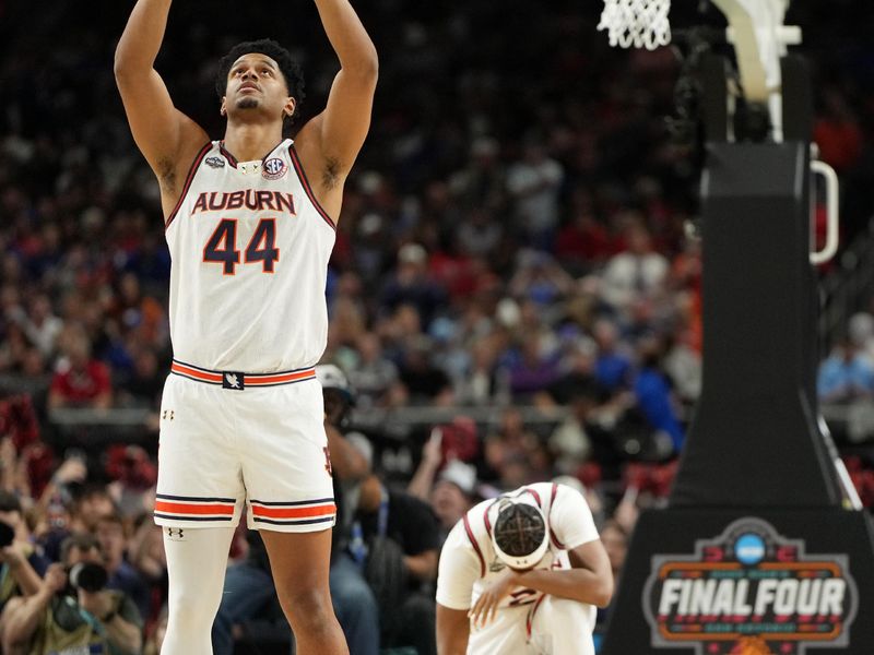 Apr 5, 2025; San Antonio, TX, USA; Auburn Tigers center Dylan Cardwell (44) gestures before a semifinal of the men's Final Four of the 2025 NCAA Tournament at the Alamodome. Mandatory Credit: Bob Donnan-Imagn Images