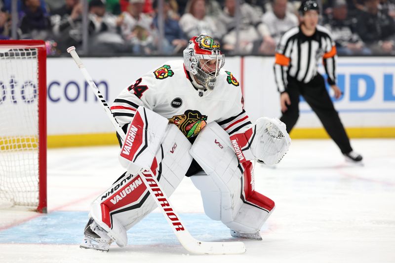 Mar 19, 2024; Los Angeles, California, USA;  Chicago Blackhawks goaltender Petr Mrazek (34) defends the goal during the third period against the Los Angeles Kings at Crypto.com Arena. Mandatory Credit: Kiyoshi Mio-USA TODAY Sports