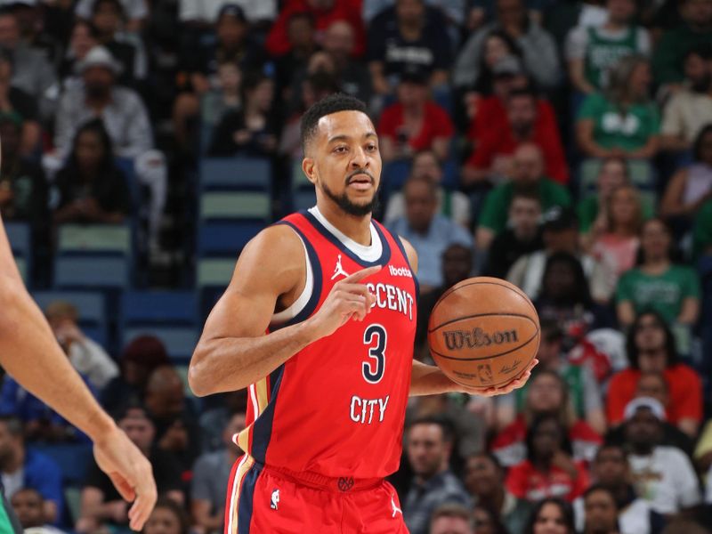 NEW ORLEANS, LA - MARCH 30: CJ McCollum #3 of the New Orleans Pelicans brings the ball up court during the game against the Boston Celtics on March 30, 2024 at the Smoothie King Center in New Orleans, Louisiana. NOTE TO USER: User expressly acknowledges and agrees that, by downloading and or using this Photograph, user is consenting to the terms and conditions of the Getty Images License Agreement. Mandatory Copyright Notice: Copyright 2024 NBAE (Photo by Layne Murdoch Jr./NBAE via Getty Images)