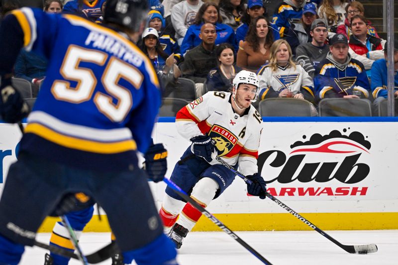 Jan 9, 2024; St. Louis, Missouri, USA;  Florida Panthers left wing Matthew Tkachuk (19) controls the puck against the St. Louis Blues during the first period at Enterprise Center. Mandatory Credit: Jeff Curry-USA TODAY Sports