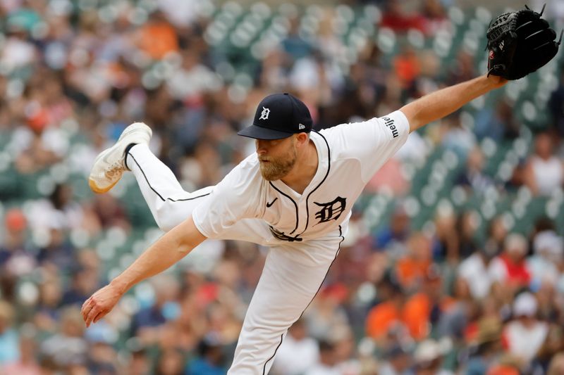 Jun 26, 2024; Detroit, Michigan, USA; Detroit Tigers relief pitcher Will Vest (19) throws against the Philadelphia Phillies in the third inning at Comerica Park. Mandatory Credit: Rick Osentoski-USA TODAY Sports