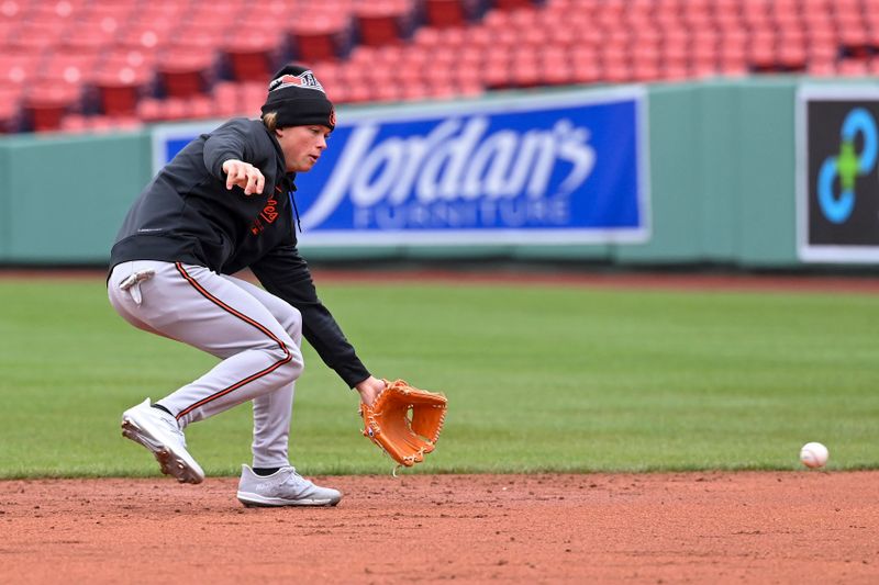 Apr 11, 20024; Boston, Massachusetts, USA; Baltimore Orioles second baseman Jackson Holiday (7) warms up before a game against the Boston Red Sox at Fenway Park. Mandatory Credit: Eric Canha-USA TODAY Sports