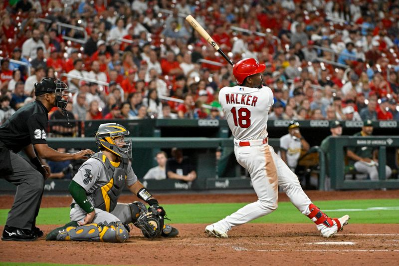 Aug 14, 2023; St. Louis, Missouri, USA;  St. Louis Cardinals right fielder Jordan Walker (18) hits a go-ahead three run triple against the Oakland Athletics during the seventh inning at Busch Stadium. Mandatory Credit: Jeff Curry-USA TODAY Sports