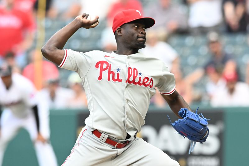 Jul 23, 2023; Cleveland, Ohio, USA; Philadelphia Phillies relief pitcher Yunior Marte (43) throws a pitch during the tenth inning against the Cleveland Guardians at Progressive Field. Mandatory Credit: Ken Blaze-USA TODAY Sports