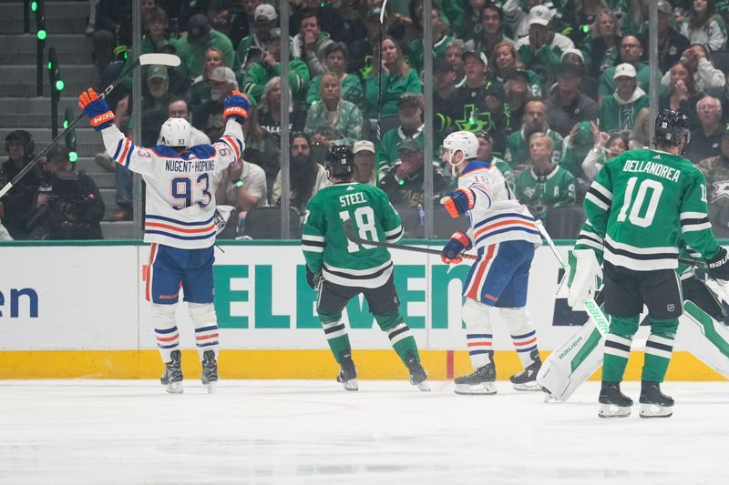 May 31, 2024; Dallas, Texas, USA; Edmonton Oilers center Ryan Nugent-Hopkins (93) reacts after scoring a goal against the Dallas Stars during the second period between the Dallas Stars and the Edmonton Oilers in game five of the Western Conference Final of the 2024 Stanley Cup Playoffs at American Airlines Center. Mandatory Credit: Chris Jones-USA TODAY Sports