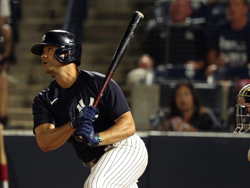 Mar 3, 2023; Tampa, Florida, USA; New York Yankees shortstop Isiah Kiner-Falefa (12) hits a sacrifice RBI during the second inning against the Detroit Tigers at George M. Steinbrenner Field. Mandatory Credit: Kim Klement-USA TODAY Sports