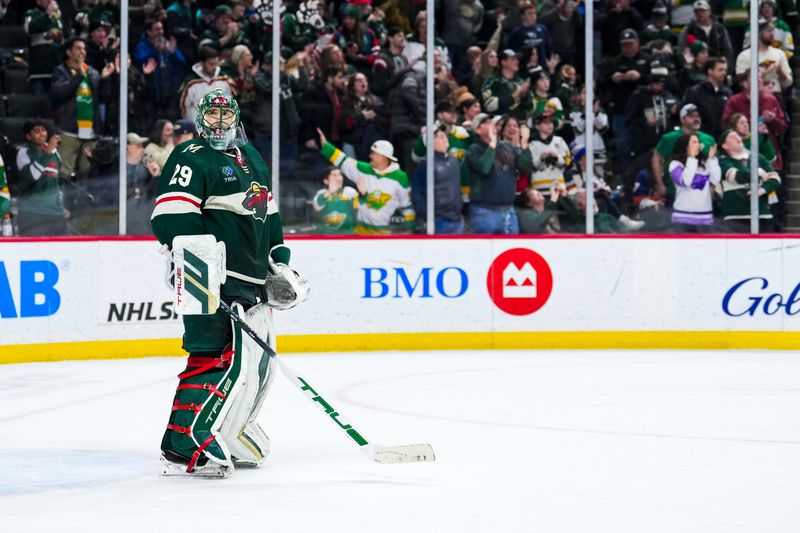 Jan 15, 2024; Saint Paul, Minnesota, USA; Minnesota Wild goaltender Marc-Andre Fleury (29) looks on during the third period against the New York Islanders at Xcel Energy Center. Mandatory Credit: Brace Hemmelgarn-USA TODAY Sports