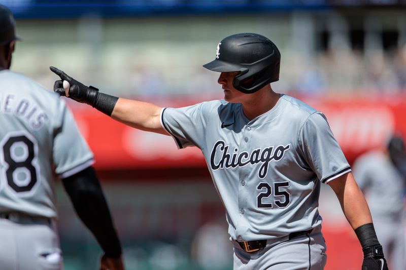 Apr 7, 2024; Kansas City, Missouri, USA; Chicago White Sox first base Andrew Vaughn (25) motions to the dugout after a hit during the fifth inning against the Kansas City Royals at Kauffman Stadium. Mandatory Credit: William Purnell-USA TODAY Sports