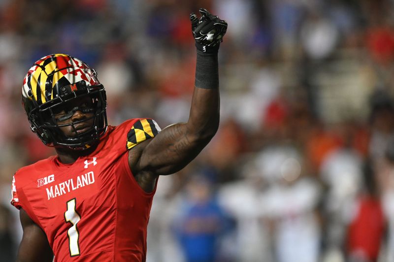 Sep 17, 2022; College Park, Maryland, USA;  Maryland Terrapins wide receiver Marcus Fleming (1) reacts during the first half against the Southern Methodist Mustangs at Capital One Field at Maryland Stadium. Mandatory Credit: Tommy Gilligan-USA TODAY Sports