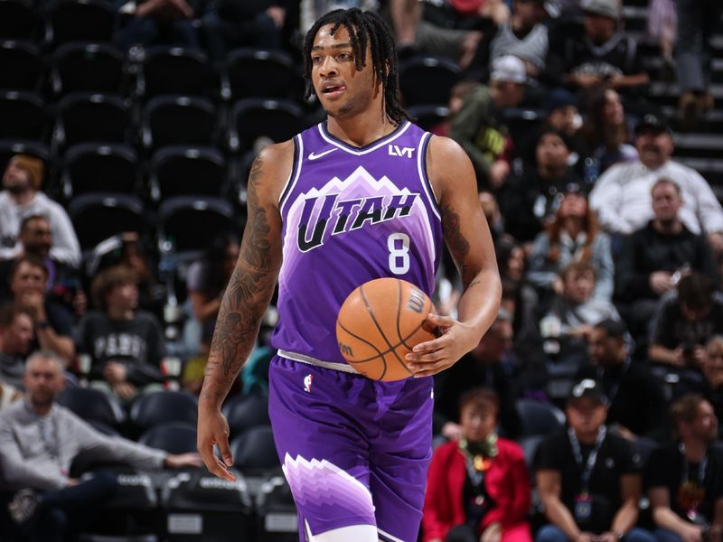 SALT LAKE CITY, UT - FEBRUARY 25: Brice Sensabaugh #8 of the Utah Jazz dribbles the ball during the game against the San Antonio Spurs on February 25, 2024 at vivint.SmartHome Arena in Salt Lake City, Utah. NOTE TO USER: User expressly acknowledges and agrees that, by downloading and or using this Photograph, User is consenting to the terms and conditions of the Getty Images License Agreement. Mandatory Copyright Notice: Copyright 2024 NBAE (Photo by Melissa Majchrzak/NBAE via Getty Images)