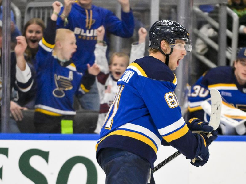 Mar 16, 2025; St. Louis, Missouri, USA;  St. Louis Blues center Dylan Holloway (81) reacts after scoring against the Anaheim Ducks during the second period at Enterprise Center. Mandatory Credit: Jeff Curry-Imagn Images