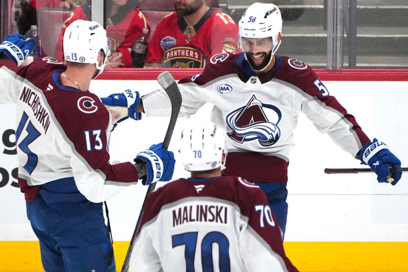 Nov 23, 2024; Sunrise, Florida, USA;  Colorado Avalanche defenseman Oliver Kylington (58) celebrates a goal against the Florida Panthers in the third period at Amerant Bank Arena. Mandatory Credit: Jim Rassol-Imagn Images