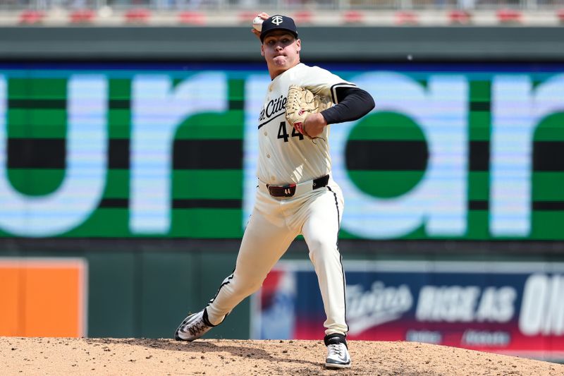 May 25, 2025; Minneapolis, Minnesota, USA; Minnesota Twins pitcher Cole Sands (44) delivers a pitch against the Kansas City Royals during the ninth inning at Target Field. Mandatory Credit: Matt Krohn-Imagn Images