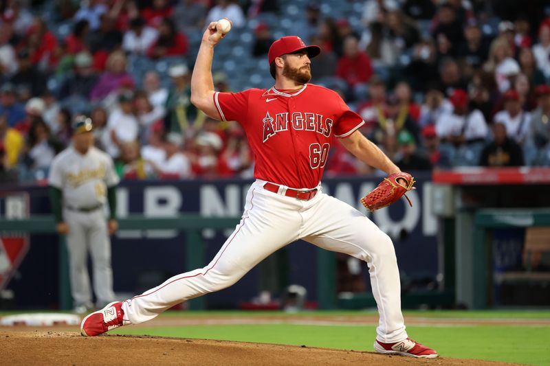 Sep 30, 2023; Anaheim, California, USA; Los Angeles Angels starting pitcher Andrew Wantz (60) pitches during the first inning against the Oakland Athletics at Angel Stadium. Mandatory Credit: Kiyoshi Mio-USA TODAY Sports