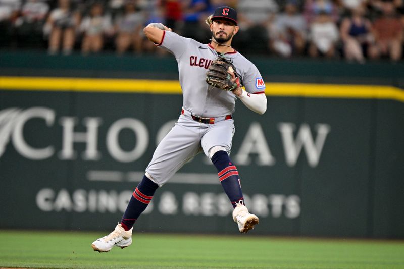 Aug 24, 2025; Arlington, Texas, USA; Cleveland Guardians shortstop Gabriel Arias (13) throws out Texas Rangers right fielder Adolis Garcia (not pictured) during the second inning at Globe Life Field. Mandatory Credit: Jerome Miron-Imagn Images