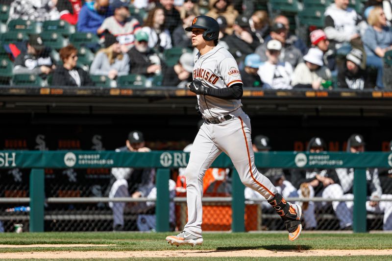 Apr 6, 2023; Chicago, Illinois, USA; San Francisco Giants first baseman Wilmer Flores (41) rounds the bases after hitting a two-run home run against the Chicago White Sox during the sixth inning at Guaranteed Rate Field. Mandatory Credit: Kamil Krzaczynski-USA TODAY Sports