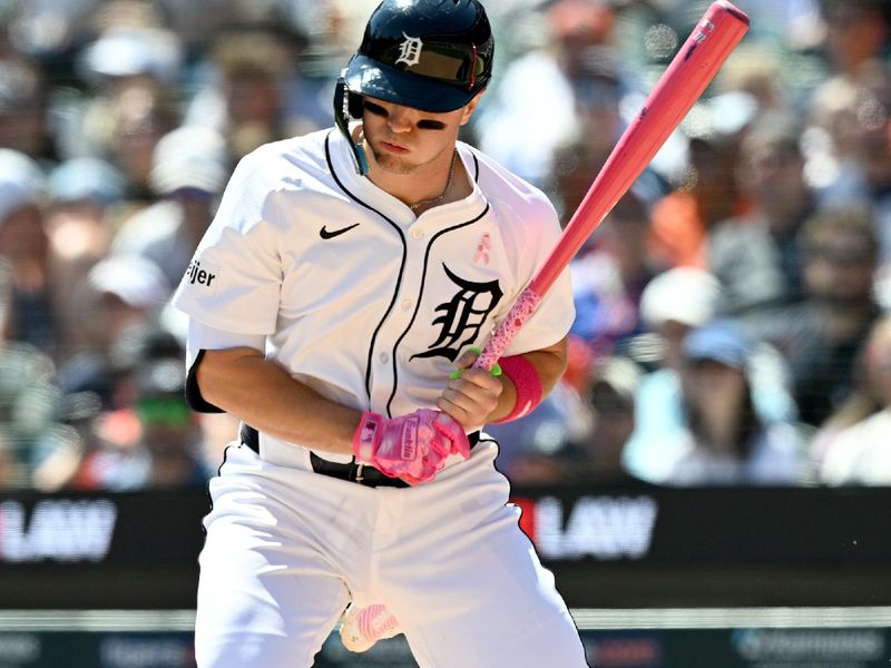 May 11, 2025; Detroit, Michigan, USA; Detroit Tigers third baseman Jace Jung (17) jumps out of the way of an inside pitch against the Texas Rangers in the fifth inning at Comerica Park. Mandatory Credit: Lon Horwedel-Imagn Images