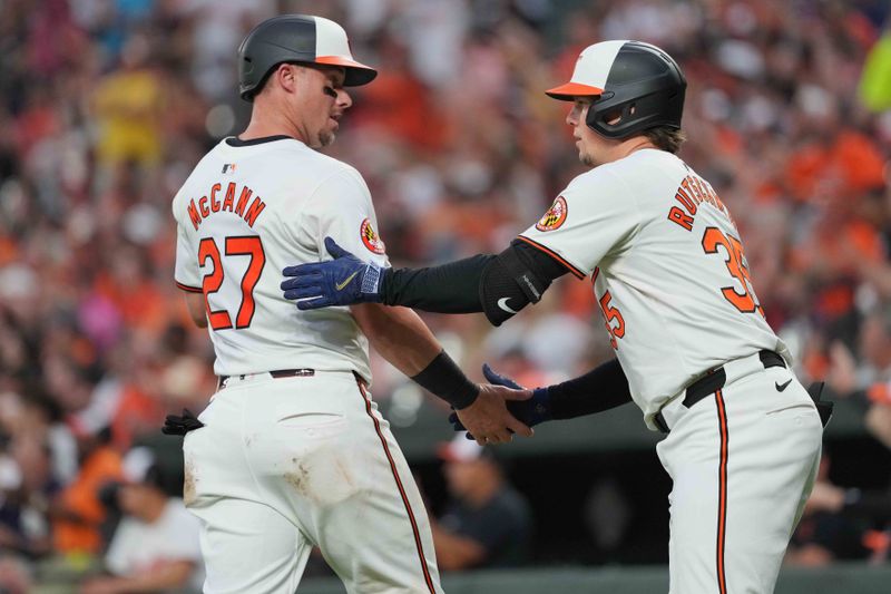 Apr 30, 2024; Baltimore, Maryland, USA; Baltimore Orioles catcher James McCann (27) greeted by designated hitter Alley Rutschman (35) after scoring in the fourth inning on a single by shortstop Gunnar Henderson (not shown) against the New York Yankees at Oriole Park at Camden Yards. Mandatory Credit: Mitch Stringer-USA TODAY Sports