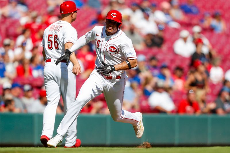 Sep 1, 2023; Cincinnati, Ohio, USA; Cincinnati Reds third baseman Noelvi Marte (16) scores on a single hit by Cincinnati Reds pinch hitter Will Benson (not pictured) in the ninth inning against the Chicago Cubs at Great American Ball Park. Mandatory Credit: Katie Stratman-USA TODAY Sports