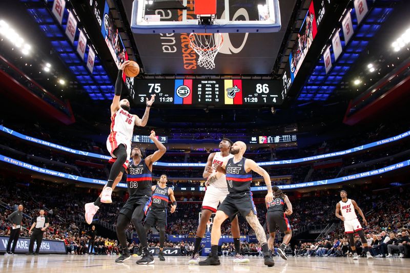 DETROIT, MI - MARCH 15: Caleb Martin #16 of the Miami Heat drives to the basket during the game against the Detroit Pistons on March 15, 2024 at Little Caesars Arena in Detroit, Michigan. NOTE TO USER: User expressly acknowledges and agrees that, by downloading and/or using this photograph, User is consenting to the terms and conditions of the Getty Images License Agreement. Mandatory Copyright Notice: Copyright 2024 NBAE (Photo by Brian Sevald/NBAE via Getty Images)