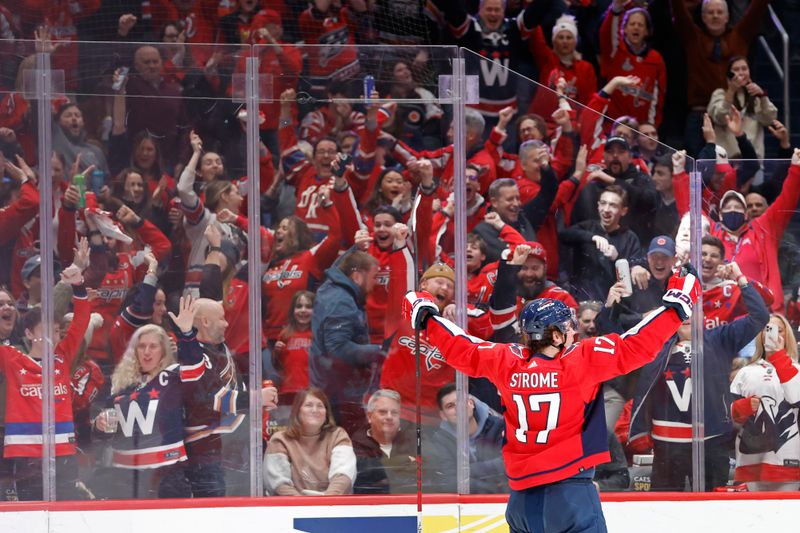 Mar 1, 2024; Washington, District of Columbia, USA; Washington Capitals center Dylan Strome (17) celebrates after scoring a goal against the Philadelphia Flyers in the third period at Capital One Arena. Mandatory Credit: Geoff Burke-USA TODAY Sports