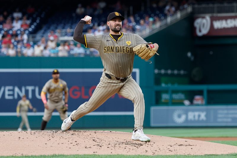 Jul 24, 2024; Washington, District of Columbia, USA; San Diego Padres starting pitcher Matt Waldron (61) pitches against the Washington Nationals during the first inning at Nationals Park. Mandatory Credit: Geoff Burke-USA TODAY Sports