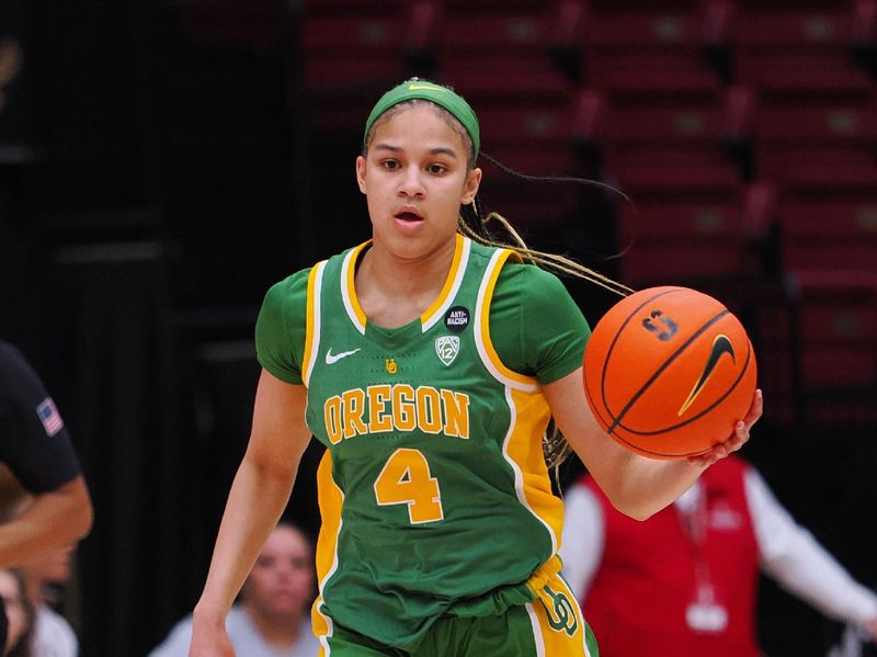 Jan 29, 2023; Stanford, California, USA; Oregon Ducks guard Endiya Rogers (4) brings the ball down the court against the Stanford Cardinal during the first quarter at Maples Pavilion. Mandatory Credit: Kelley L Cox-USA TODAY Sports