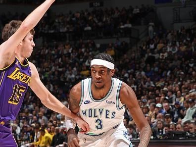 MINNEAPOLIS, MN -  DECEMBER 30: Jaden McDaniels #3 of the Minnesota Timberwolves drives to the basket during the game against the Los Angeles Lakers on December 30, 2023 at Target Center in Minneapolis, Minnesota. NOTE TO USER: User expressly acknowledges and agrees that, by downloading and or using this Photograph, user is consenting to the terms and conditions of the Getty Images License Agreement. Mandatory Copyright Notice: Copyright 2023 NBAE (Photo by David Sherman/NBAE via Getty Images)