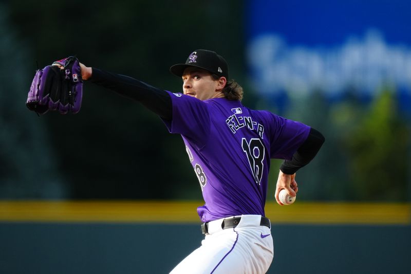 Jul 2, 2024; Denver, Colorado, USA;  Colorado Rockies starting pitcher Ryan Feltner (18) delivers a pitch in the first inning against the Milwaukee Brewers at Coors Field. Mandatory Credit: Ron Chenoy-USA TODAY Sports