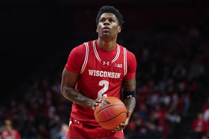 Feb 10, 2024; Piscataway, New Jersey, USA; Rutgers Scarlet Knights guard Noah Fernandes (2) shoots a free throw against the Rutgers Scarlet Knights during the first half at Jersey Mike's Arena. Mandatory Credit: Vincent Carchietta-USA TODAY Sports