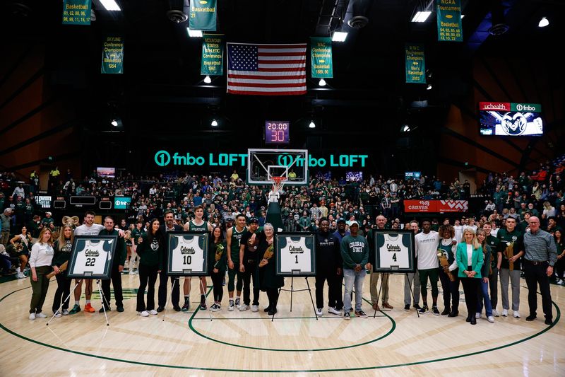 Mar 3, 2023; Fort Collins, Colorado, USA; Colorado State Rams seniors stand with their families as they are honored during senior night before the game against the New Mexico Lobos at Moby Arena. Mandatory Credit: Isaiah J. Downing-USA TODAY Sports