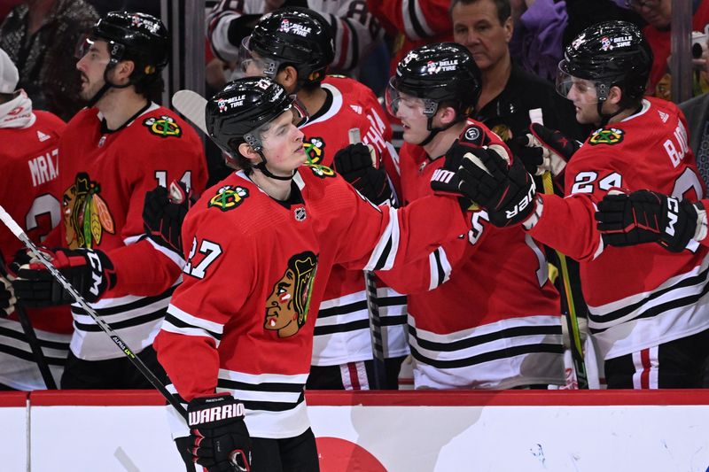 Mar 6, 2023; Chicago, Illinois, USA;  Chicago Blackhawks forward Lukas Reichel (27) celebrates with the bench after scoring a goal in the third period against the Ottawa Senators at United Center. Mandatory Credit: Jamie Sabau-USA TODAY Sports