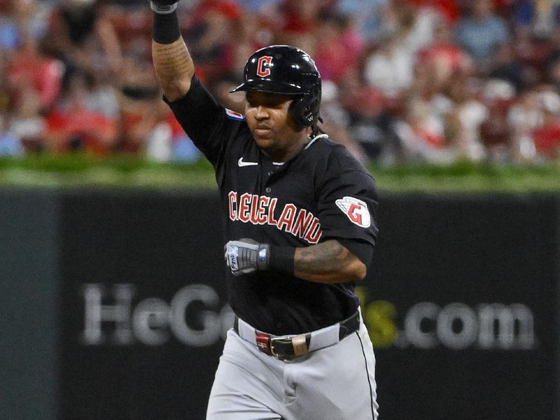 Sep 21, 2024; St. Louis, Missouri, USA;  Cleveland Guardians third baseman Jose Ramirez (11) reacts as he runs the bases after hitting a three run home run against the St. Louis Cardinals during the eighth inning at Busch Stadium. Mandatory Credit: Jeff Curry-Imagn Images