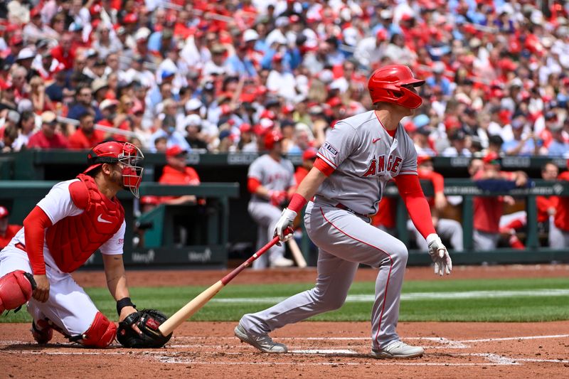 May 4, 2023; St. Louis, Missouri, USA;  Los Angeles Angels first baseman Jake Lamb (18) hits a one run single against the St. Louis Cardinals during the third inning at Busch Stadium. Mandatory Credit: Jeff Curry-USA TODAY Sports