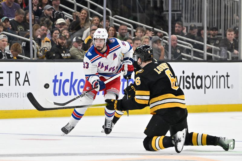 Oct 4, 2025; Boston, Massachusetts, USA; New York Rangers center Mika Zibanejad (93) passes the puck over the stick of Boston Bruins defenseman Mason Lohrei (6) during the second period at TD Garden. Mandatory Credit: Eric Canha-Imagn Images