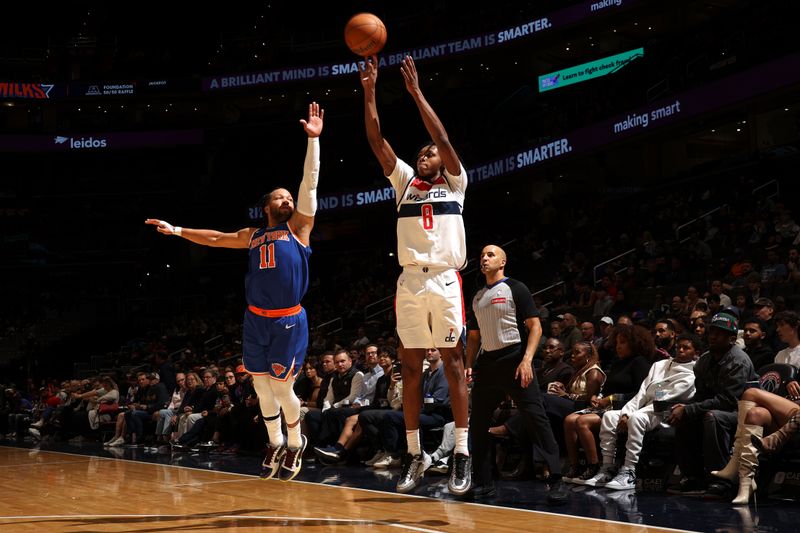 WASHINGTON, DC -? OCTOBER 18: Bub Carrington #8 of the Washington Wizards three point basket during the game against the New York Knicks on October 18, 2024 at Capital One Arena in Washington, DC. NOTE TO USER: User expressly acknowledges and agrees that, by downloading and or using this Photograph, user is consenting to the terms and conditions of the Getty Images License Agreement. Mandatory Copyright Notice: Copyright 2024 NBAE (Photo by Stephen Gosling/NBAE via Getty Images)