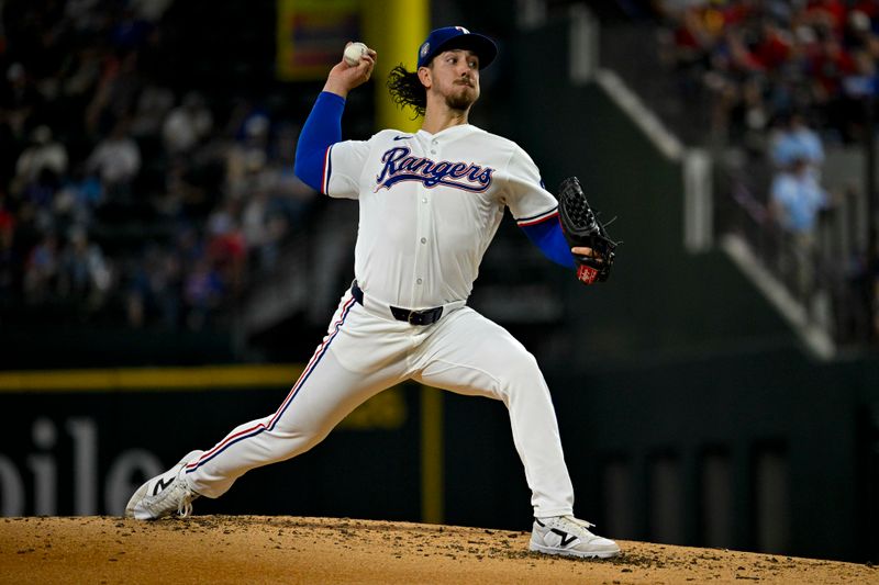 Apr 27, 2024; Arlington, Texas, USA; Texas Rangers starting pitcher Michael Lorenzen (23) pitches against the Cincinnati Reds during the third inning at Globe Life Field. Mandatory Credit: Jerome Miron-USA TODAY Sports