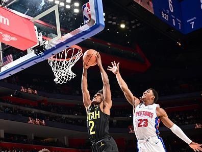 DETROIT, MI - DECEMBER 21: Colin Sexton #2 of the Utah Jazz dunks the ball during the game against the Detroit Pistons on December 21, 2023 at Little Caesars Arena in Detroit, Michigan. NOTE TO USER: User expressly acknowledges and agrees that, by downloading and/or using this photograph, User is consenting to the terms and conditions of the Getty Images License Agreement. Mandatory Copyright Notice: Copyright 2023 NBAE (Photo by Chris Schwegler/NBAE via Getty Images)