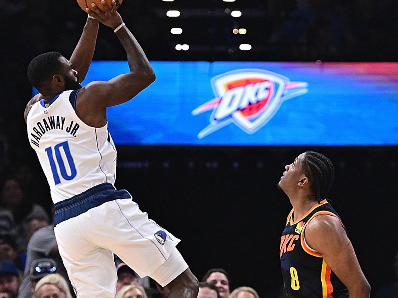 OKLAHOMA CITY, OKLAHOMA - APRIL 14: Tim Hardaway Jr. #10 of the Dallas Mavericks puts up a shot during the first half against the Oklahoma City Thunder at Paycom Center on April 14, 2024 in Oklahoma City, Oklahoma. NOTE TO USER: User expressly acknowledges and agrees that, by downloading and or using this Photograph, user is consenting to the terms and conditions of the Getty Images License Agreement. (Photo by Joshua Gateley/Getty Images)