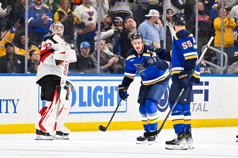 Nov 3, 2023; St. Louis, Missouri, USA;  St. Louis Blues center Kevin Hayes (12) is congratulated by defenseman Colton Parayko (55) as New Jersey Devils goaltender Akira Schmid (40) looks on after scoring an empty net goal during the third period at Enterprise Center. Mandatory Credit: Jeff Curry-USA TODAY Sports