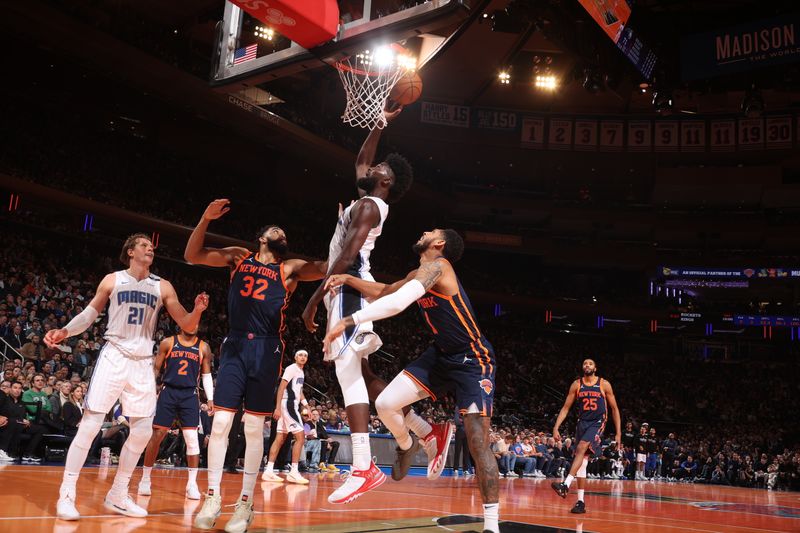 NEW YORK, NY - DECEMBER 3: Jonathan Isaac #1 of the Orlando Magic drives to the basket during the game against the New York Knicks during the Emirates NBA Cup on December 3, 2024 at Madison Square Garden in New York City, New York.  NOTE TO USER: User expressly acknowledges and agrees that, by downloading and or using this photograph, User is consenting to the terms and conditions of the Getty Images License Agreement. Mandatory Copyright Notice: Copyright 2024 NBAE  (Photo by Nathaniel S. Butler/NBAE via Getty Images)