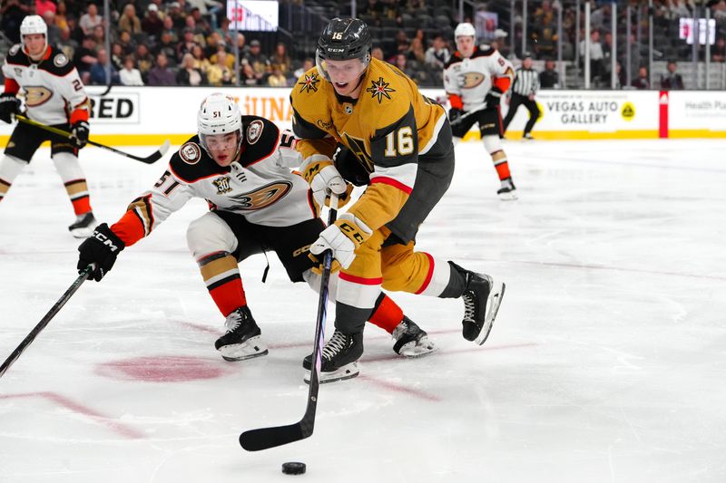 Apr 18, 2024; Las Vegas, Nevada, USA; Vegas Golden Knights left wing Pavel Dorofeyev (16) skates against Anaheim Ducks defenseman Olen Zellweger (51) during the second period at T-Mobile Arena. Mandatory Credit: Stephen R. Sylvanie-USA TODAY Sports