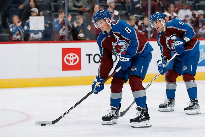 Oct 5, 2022; Denver, Colorado, USA; Colorado Avalanche defenseman Cale Makar (8) warms up before the game against the Dallas Stars at Ball Arena. Mandatory Credit: Isaiah J. Downing-USA TODAY Sports