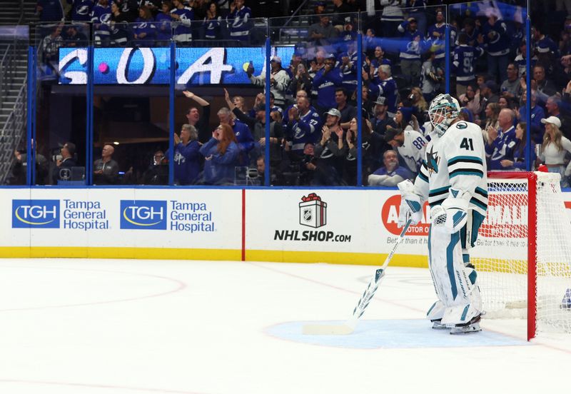 Dec 5, 2024; Tampa, Florida, USA;San Jose Sharks goaltender Vitek Vanecek (41) looks down after he gave up a gaol against the Tampa Bay Lightning  during the first period at Amalie Arena. Mandatory Credit: Kim Klement Neitzel-Imagn Images