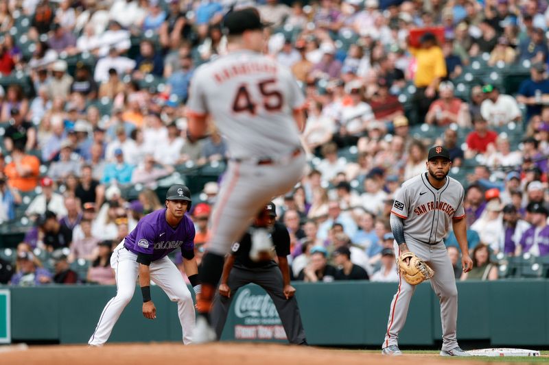 Jun 10, 2025; Denver, Colorado, USA; Colorado Rockies shortstop Ryan Ritter (8) leads off from first base ahead of San Francisco Giants first baseman Dominic Smith (7) as starting pitcher Kyle Harrison (45) pitches in the second inning at Coors Field. Mandatory Credit: Isaiah J. Downing-Imagn Images