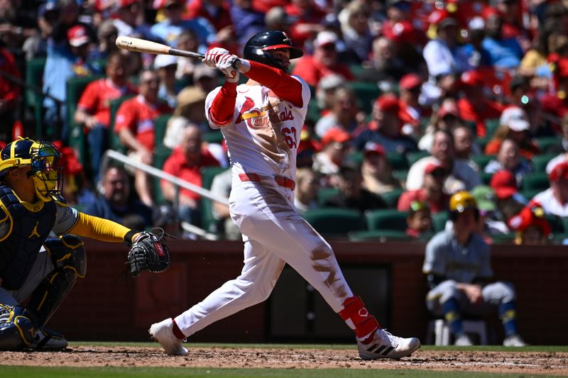 Apr 21, 2024; St. Louis, Missouri, USA; St. Louis Cardinals center fielder Michael Siani (63) hits a single against the Milwaukee Brewers in the fifth inning at Busch Stadium. Mandatory Credit: Joe Puetz-USA TODAY Sports